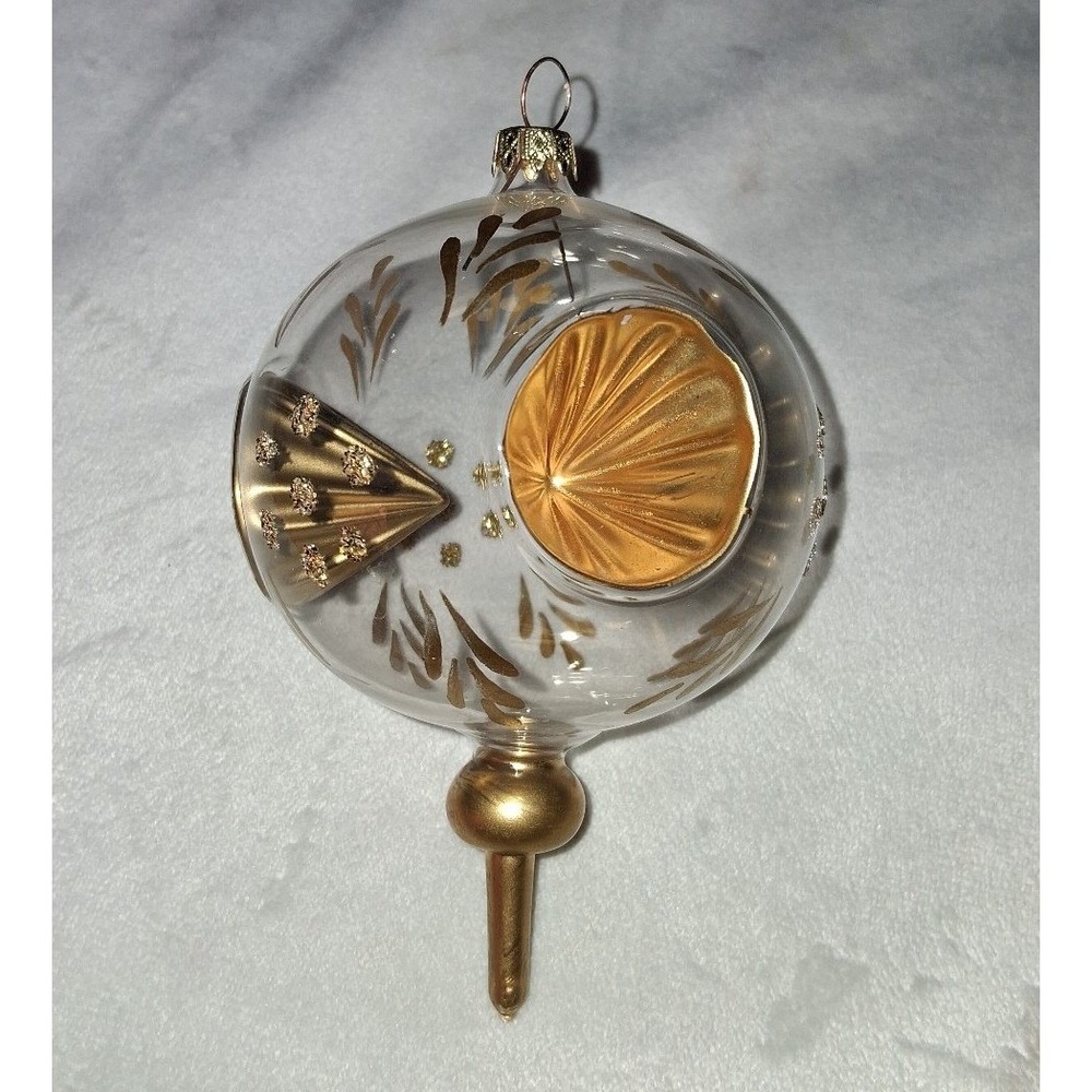 Vintage Germany Clear Glass Double Indent Christmas Ornament Gold 5"